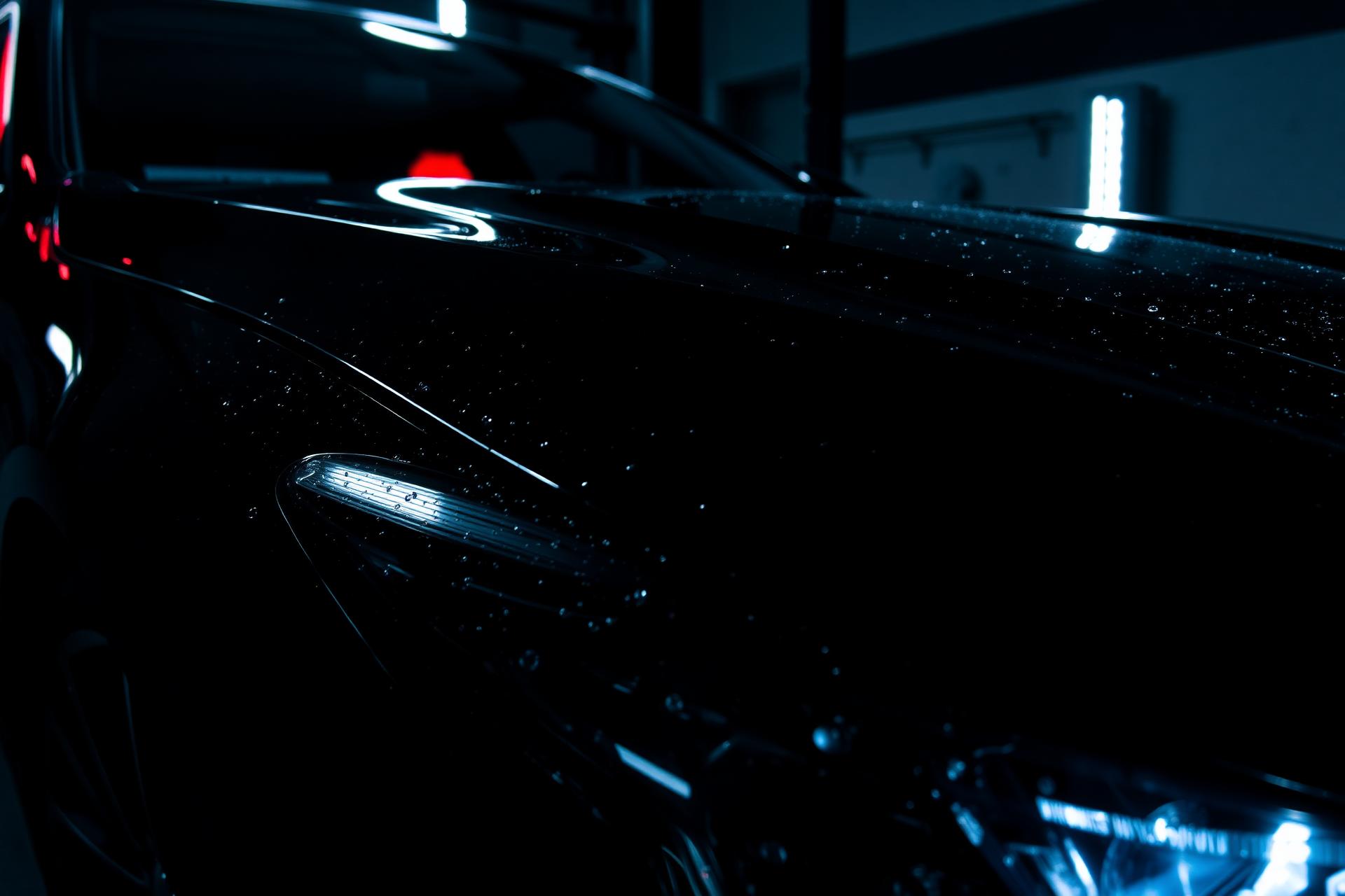 Glossy black car being detailed